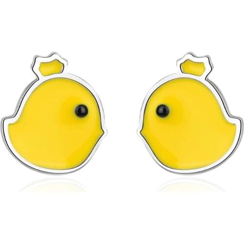 New Small Yellow Chicken Crown Stud Earrings Trend Creative 925 Sterling Silver Pendientes Jewelry Boucle D'oreille SAE63