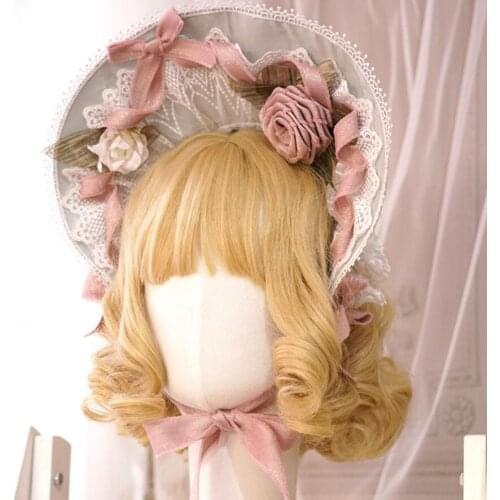 Dream back to Versailles Victorian Vintage Princess Lolita Lace Bow Rose Bonnet Headwear Top Hat Handmade Bandage Bnt Hat Bonnet