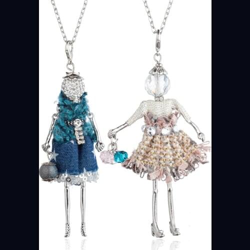 Blue Biege Wool Weaving Dress Doll Big Choker Necklaces&Pendants Handmade Princess Girl Statement Jewelry For Women Collares