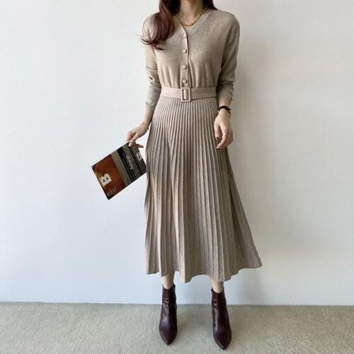 SMTHMA 2021 New Autumn Winter Women Korea Sweater Dress Single-Breasted V-Neck Slim Knitted Long Midi Dress Vestidos Feminino