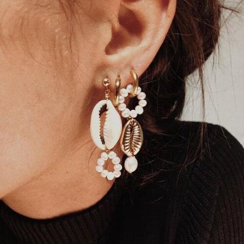 Sun beach bohemian freshwater pearl stud bijoux earrings for women handmade drop Cowrie Shell unique sweat earring 2019 new