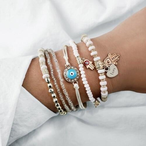 6 Pcs/Set Beads Strand Fatima Hand Charm Bracelet Set for Women Love Heart Hamsa Hand Jewelry Bohemia Braclets for Women 2019