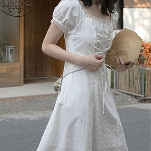 White Dress Women 2021 Summer Dress New French Retro Square Collar Fairy Dresses Super Fairy Sweet Princess Solid Vestido 14674