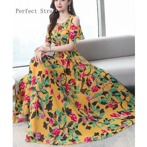 2020 Summer New Arrival High Quality Bohemian Style Flower Printed Short Sleeve Women Long ChiffonDress