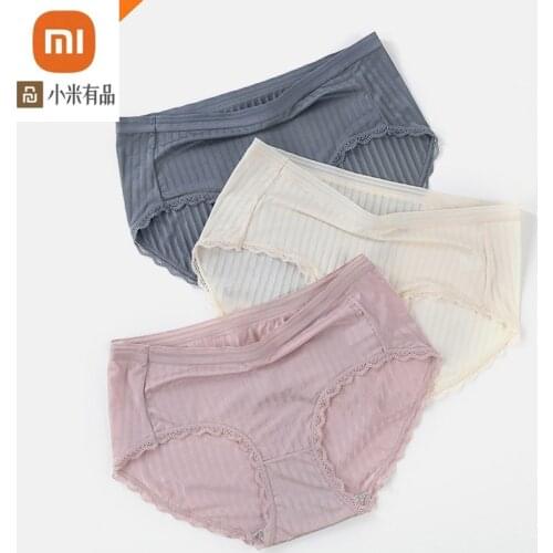 Xiaomi 3pcs Women Seamless Ice Silk Underwear Sexy Translucent Lace Mid-waist Woman Briefs Cotton Crotch Antibacterial Lingerie