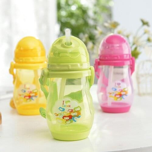 300ml Cartoon Childrens Straw Bottle Double Handle Strap Baby Bottle Shatter-resistant Belt Scale Water Bottle Kitchen