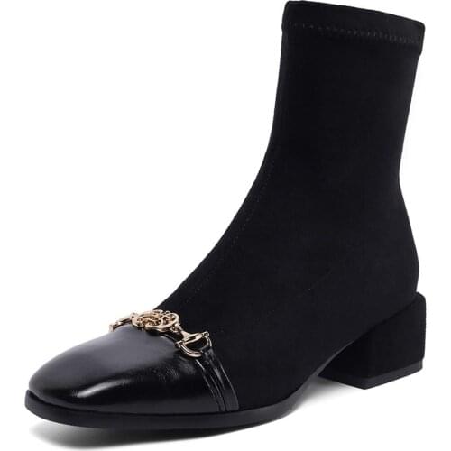 Square Toe Thin Stretch Boots Square Heel Metal Decoration Microfiber Stitching Stretch Cloth Womens Boots Warm Socks And Shoes
