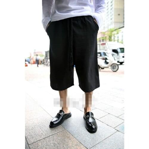 Mens new solid color lace up loose trend 7-point wide leg pants summer black pants youth skirt pants horn