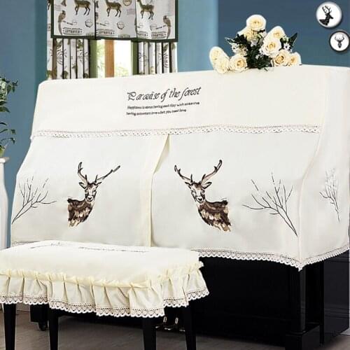 Half and Full Piano Cover with Stool Cover Style Contains Natural Rural European Lace Deer Pattern Dust-Proof Piano Covers
