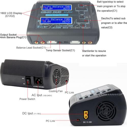 HTRC C240 DUO AC 150W DC 240W 10Ax2 Dual Channel RC LiPo Battery Balance Charger Touch Screen for RC Model Toys