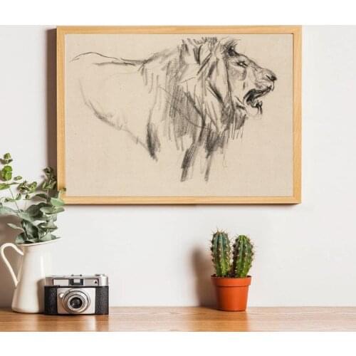 Lion Wildlife Animal Art Charcoal Sketch Drawing Canvas Prints Big Cat Animals Poster Neutral Wall Art Painting Home Decor