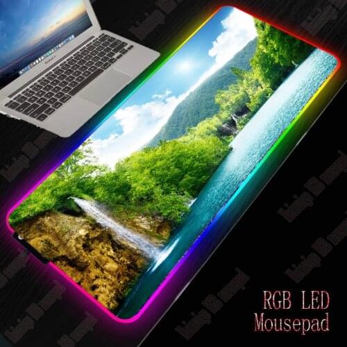 XGZ Waterfall Scenery Gaming RGB Gamer Large Mousepad LED Lighting USB Keyboard Colorful Desk Pad Mice Mat for PC Laptop Desktop