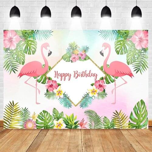 Mehofoto Flamingo Celebration Birthday Photo Background Summer Hawaiian Vacation Style Backdrop Flowers Pineapple Leaves Golden