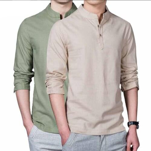 New Spring Summer Casual Men Linen Shirt Long Sleeve Solid V Neck Collar Leisure Business Men Clothing Morning Exercise