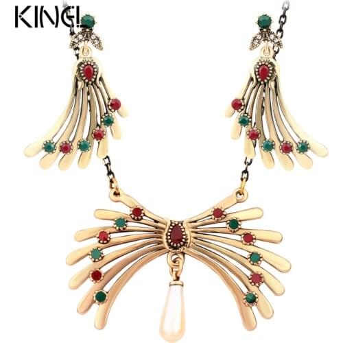 Hot Sale Angel Wings Vintage Jewelry Sets Mosaic Colorful Resin Statement Necklace Feather Earrings Set Love Gift