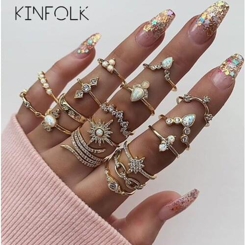 KINFOLK Bohemian Rings Crystal Star Crown Cross Drops Geometry Gold Ring Set Personality Lady Wedding Jewelry 2020 Accessories