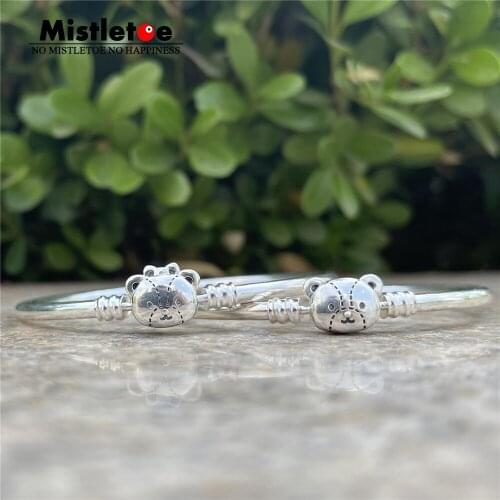 Mistletoe 925 Sterling Silver Cartton Bow Girl and Boy Bear Bangle Bracelet Jewelry
