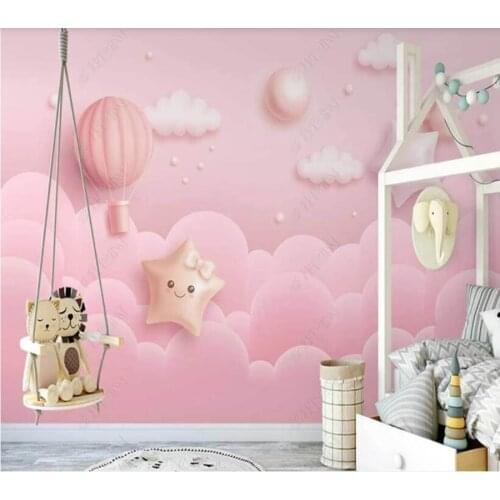 Papel de parede hand-painted pink starry sky clouds hot air balloon princess room 3D wallpaper mural,living room home decor