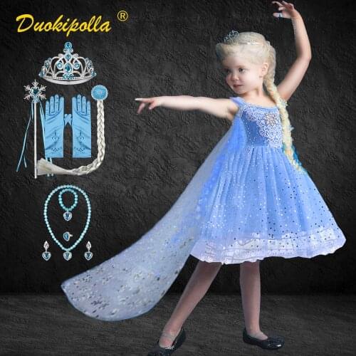 Halloween Light Blue Princess Elsa Dress for Girls Summer Toddler Fluffy Tutu Dress with Long Tail Snow Queen Fancy Elza Frocks