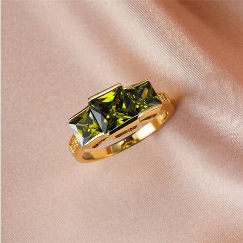 Luxury Female Olive Green Crystal Stone Jewelry Dainty Gold Color Wedding Rings For Women Trendy Square Zircon Engagement Ring