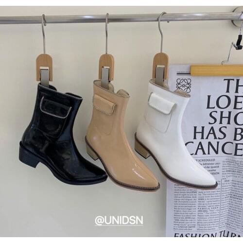 Japanned Leather pointed toe riding boots women shoes wood heels mid-calf botines shiny zipper pocket chelsea botas mujer 2021