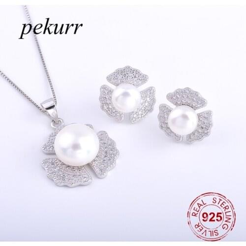 Pekurr 925 Sterling Silver 3 Leaf Scallop Freshwater Natural Pearl Earrings Necklace Sets For Women Sea Shell Pendants Jewelry