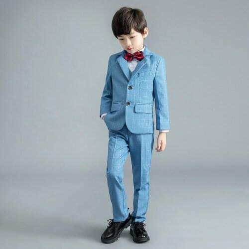 Blue Check Custom Made Little Boys Pants Suits 2 Pieces Set Tuxedos for Wedding Dinner Children Kids Tuxedo