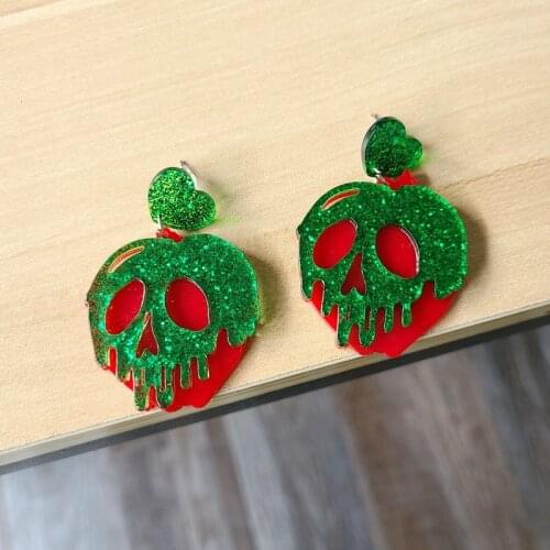 Super Cool Skull Head Red Green Bad Apple Acrylic Earrings for Women Exaggerated Glitter Powder Punk Dangle Earrings Brincos