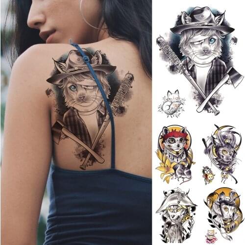 Waterproof Temporary Tattoo Sticker Pirate Captain Cat Flash Tattoos Patron Saint Old School Body Art Arm Fake Tatoo Women Men
