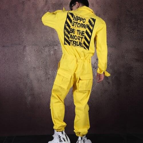 Yellow jumpsuit overalls mens jumpsuit nightclub tide male hairstylist DS team tide pants streetwear pantalones hombre