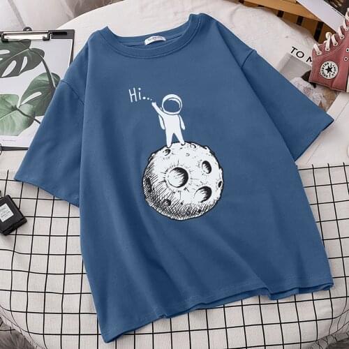 Hi Space Universe Astronaut Beautiful Printing T-Shirts Woman Round Neck Tops Vogue Cool T Shirt Short Sleeved Female T-Shirts