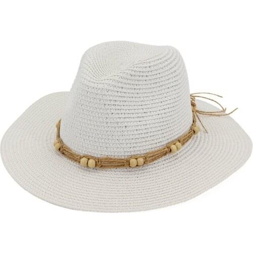 Plain Straw Jazz Panama Hat Flat Brim Summer Fedoras Hats with Rope Chain Female Beach Hat Party Formal Cap for men women