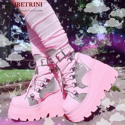 Gilrs Lace Up Buckle Strap Metal Design Platform Wedges Boots Women Sugar Pink Goth Shoes Woman 2021 New Arrivals Sweet Fashion