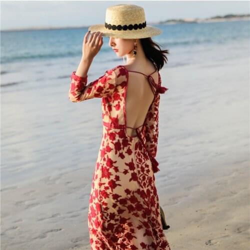 2020 Resort Bali Bohemian Dress Embroidery Vacation Seaside Beach Women Dress Red Mid-Calf Backless HighQuality Ladies Dresses