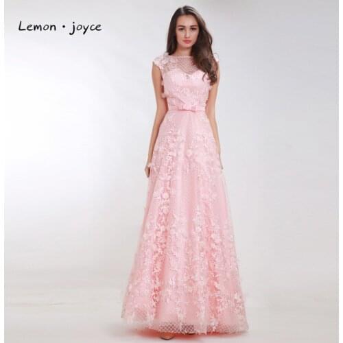 Lemonjoyce Luxury Pink Prom Dresses with Cap Sleeves Flower See-through A-Line Maxi Long Evening Party Gowns Plus Size
