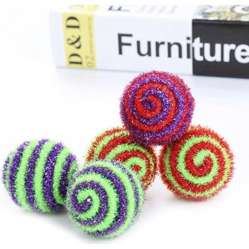 2PCS Random Color Cat Ball Toy 1.8in Stripe Anti Biting Glitter Pom Pom Tinsel Pom Pom Cat Funny Favor Toy Interactive Toys