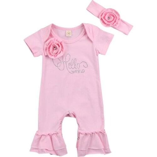 2020 new 0-18M Newborn Baby Girl Clothes Short Sleeve Pink 3D Flower Romper Flare Jumpsuit Headband Outfits Spring Clothes Set