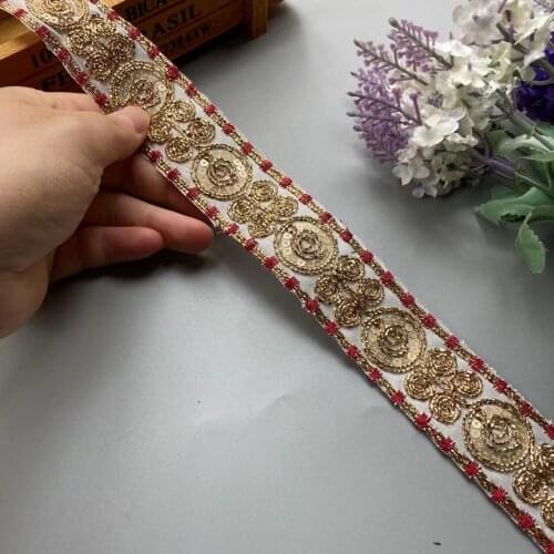 3 Yards 3.5cm Ethnic Red Gold Thread Sequins African Lace Trims Geometric Lace Ribbon DIY Sewing Dress Decoration Bridal New