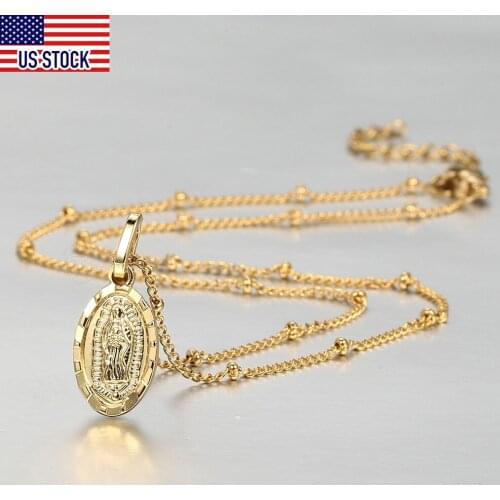 1.5mm Gold Color Virgin Mary Pendant Necklace for Women Girls Religious Jewelry Link Chain Choker Christmas Gifts GP430US