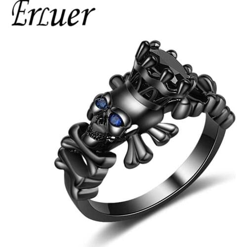 ERLUER Retro Skull Crown Metal Rings For Women Men Black Crystal CZ Fashion Jewelry Punk Skeleton Finger Round Ring