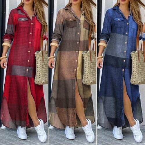 Fashion Female Longue Robe Women Autumn Vintage Long Sleeves Maxi Shirt Dress ZANZEA 2021 Casual Plaid Vestidos