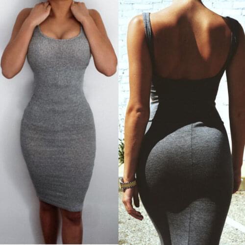 Bodycon Dress Women Grey Solid Sheath Sleeveless Bandage Slim Split Mini Dress Evening Party 2020 Summer Fashion