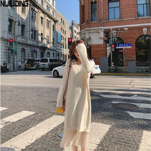 NIJIUDING 2020 autumn Sweater long dress womens solid vintage loose HIgh waist Fake two piece Splicing Net yarn dresses Female