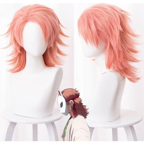 Demon Slayer: Kimetsu no Yaiba Sabito Cosplay Wig Pink Mixed Orange Medium Hair