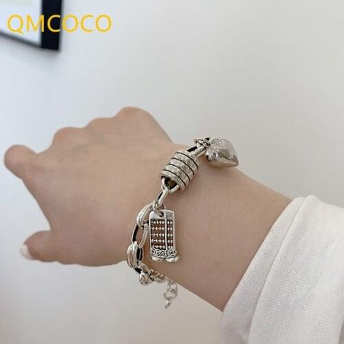 QMCOCO 925 Silver Bracelets For Women 2021 New Trendy Vintage Creative Abacus Love Heart-Shape Thick Chain Party Jewelry Gift