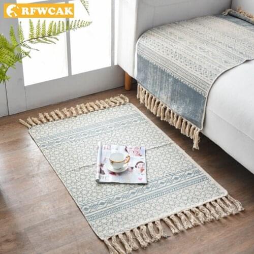 RFWCAK Retro Carpet For Sofa Living Room Bedroom Rug Cotton Tassels Yarn Dyed Table Ruuner Bedspread Tapestry Home Decoration