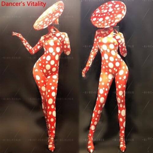 Stage Wear Red White Dots Wide Brim Hat Long Sleeves Body Suit Lady Singer DJ DS Jazz Pole Dance Performance Costume Clothes Set