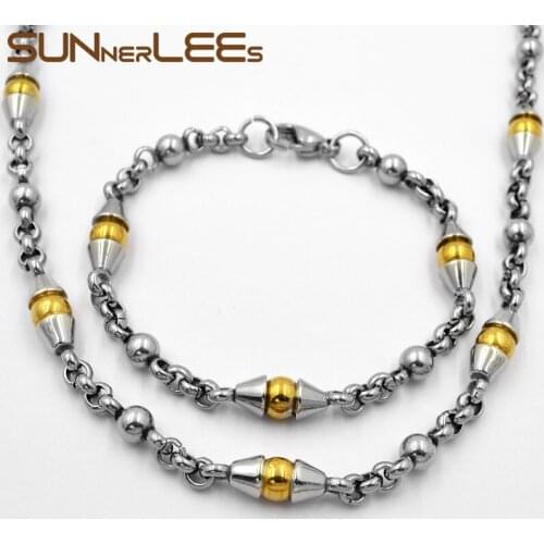SUNNERLEES Jewelry Stainless Steel Necklace Bracelet Set 6mm Geometric Beads Link Chain Silver Color Gold Plated Unisex SC137 S