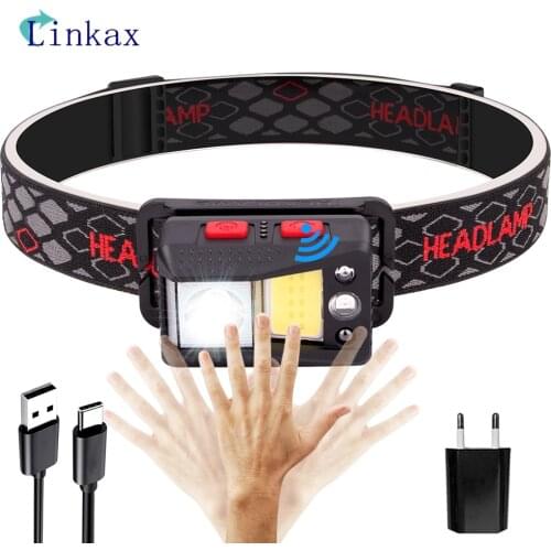 LED COB Headlight Sensor USB Rechargeable 9 Mode Headlamp Power Battery Head Torch Waterproof for Camping Hiking Working Light