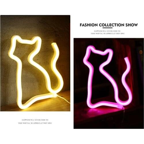 LED Neon Bulb Tube Light Holiday Battery Decor Night Light Cat Shaped Home Decorate Luminary Bedside Lamp Lighting Novelty USB
